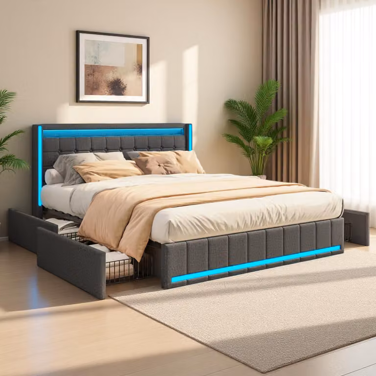 Letto matrimoniale 180x200 con contenitore, imbottito con illuminazione LED, dotato di prese USB e di tipo C, con 4 cassetti, rivestito in lino, colore grigio scuro