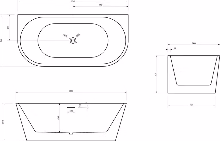 Vasca da bagno freestanding NOVA - Acrilico - Bianco - 170 x 80 x 60 cm - Superficie a scelta, colore: bianco opaco