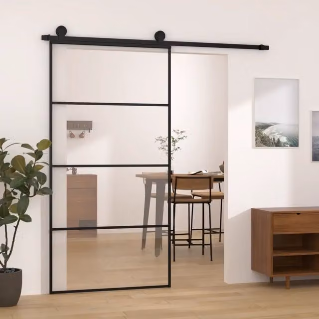 Porta Scorrevole Industrial vidaXL in Vetro e Alluminio Nero L: 102,5 cm, H: 205 cm
