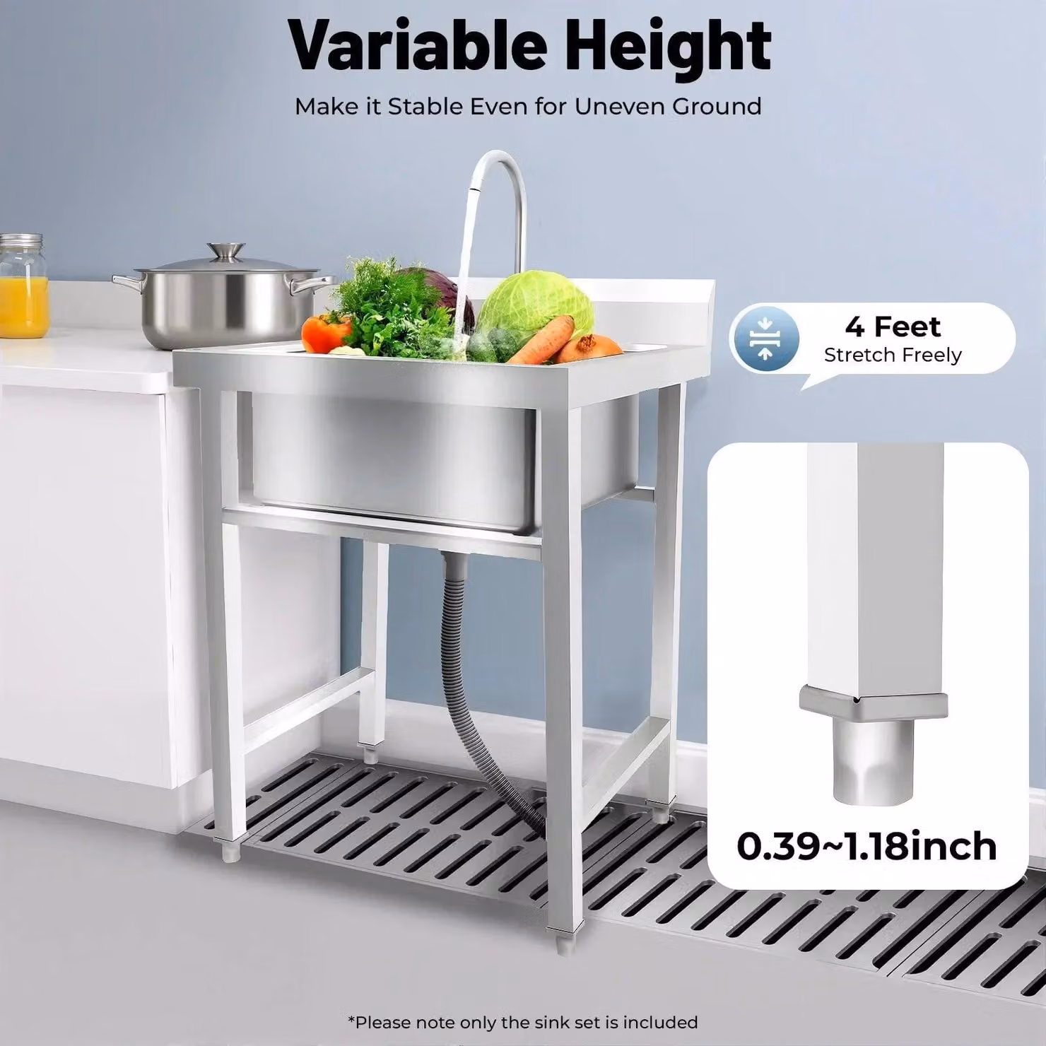 Lavello da cucina in acciaio inossidabile - Lavello, lavandino da cucina, lavello indipendente, lavabo - Argento - 1 vasca con miscelatore caldo/freddo