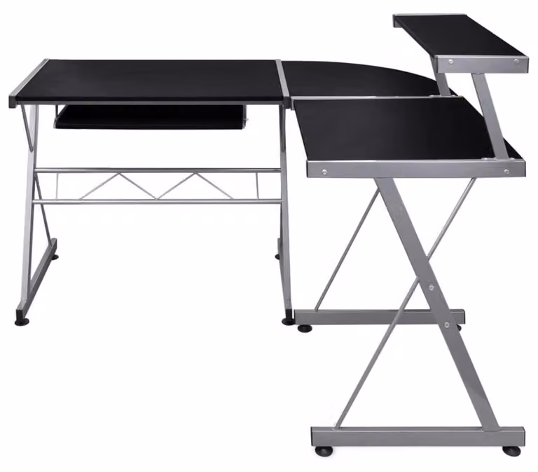 Scrivania ad angolo a forma di L con cassetto estraibile per la tastiera, dimensioni 132 x 112 x 99 cm