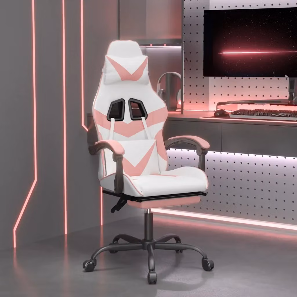 Sedia da Gaming Sportiva con Poggiapiedi e Poggiatesta in Similpelle, Colore Bianco e Rosa – 2