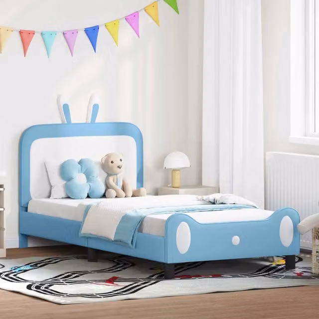 Struttura letto per bambini con testata e giroletto in ecopelle blu, dimensioni 90 x 200 cm – 1
