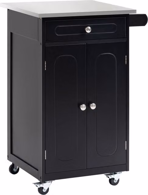 Carrello da Cucina con Ruote Salvaspazio in MDF Nero e Piano in Acciaio Inox Isola di Servizio con Cassetto Armadietto e Portacanovacci