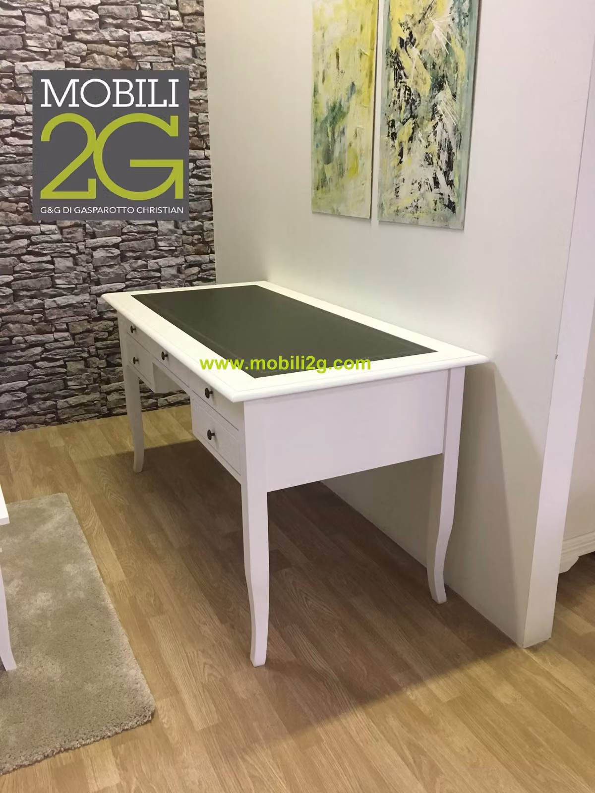 Scrivania Arte Povera Mobili 2G in Legno di Pino Bianco con Inserto in Ecopelle Verde L: 130 cm, P: 65 cm, H: 81 cm – 3