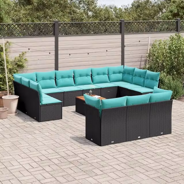 Set di Divani da Giardino a Forma di U vidaXL in Polyrattan Nero con Cuscini Blu e Tavolino da Esterno