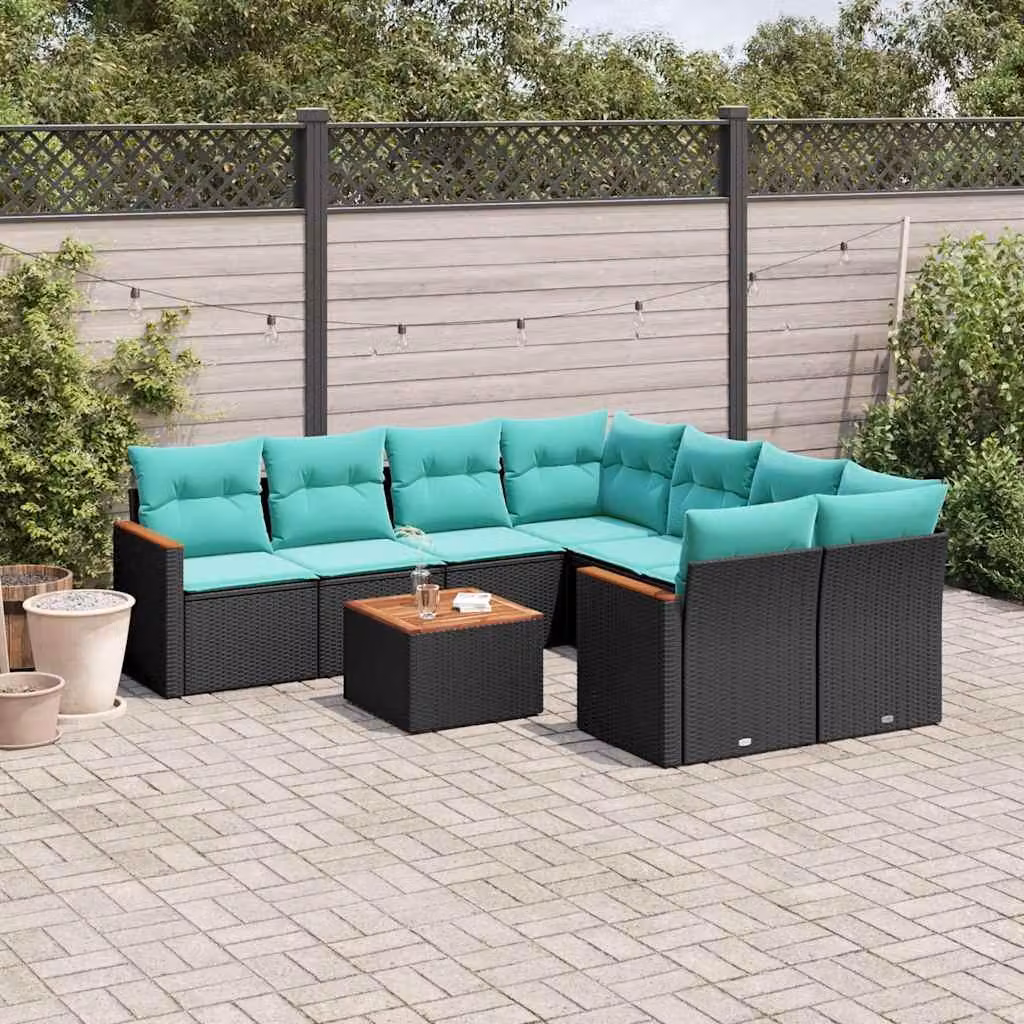 Maison Exclusive - Set di 9 pezzi per giardino con cuscini, polyrattan nero
