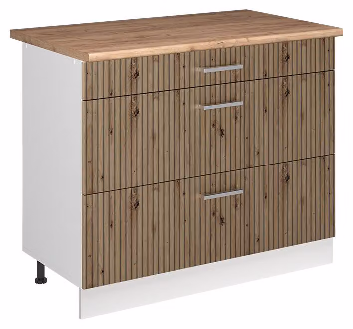 Mobiletto base per cucina Vicco R-Line Rovere artigianale/Bianco 100 cm piano di lavoro Rovere dorato, Model 71493
