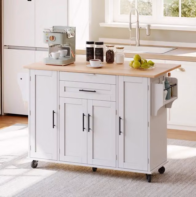 Isola da cucina ULEVR 136x70x92 cm con piano estensibile, 5 ruote, cassetti e ripiani regolabili, bianco e naturale
