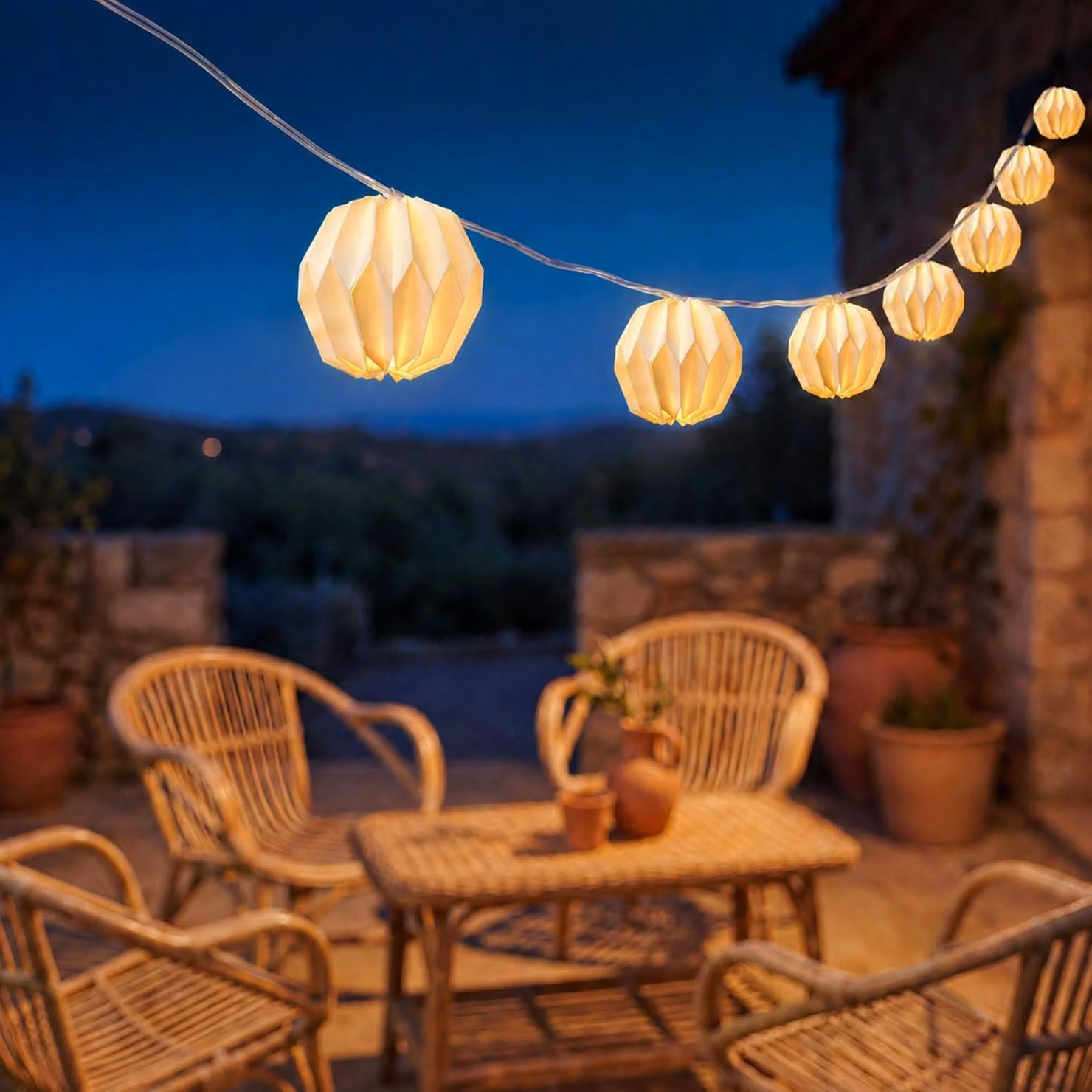 Ghirlanda luminosa a LED con lanterne origami - 10 fiori di carta bianchi XL - Timer - L: 3,6 m - Alimentazione a batterie