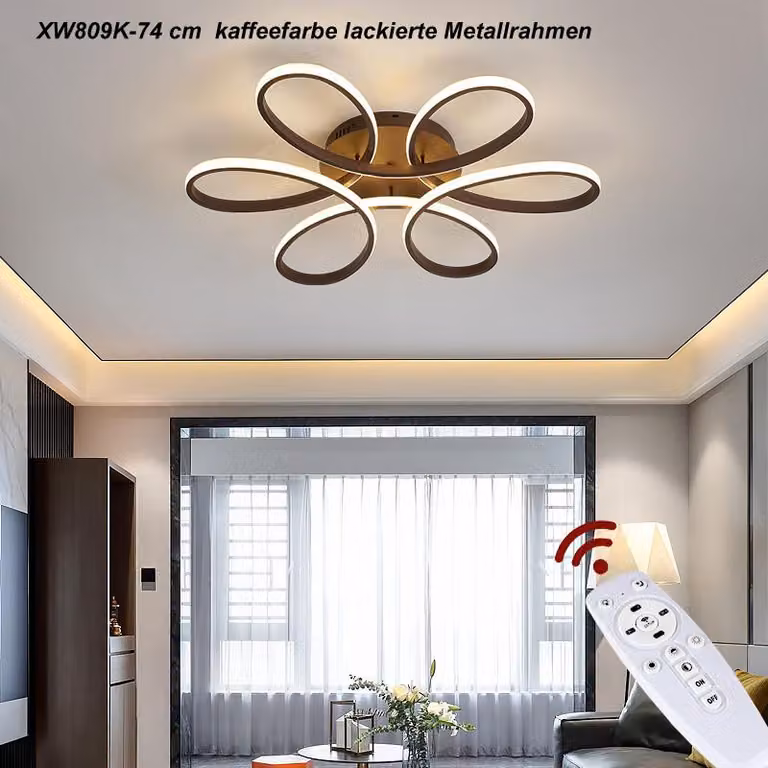 Lampada da soffitto LED XW809 - 74 cm, 160W, con telecomando. Colore e intensità della luce regolabili, dimmerabile. Struttura in metallo verniciata color caffè. Lampada da soffitto LED, ideale per il soggiorno. Lampada da soffitto, plafoniera, faretto LE