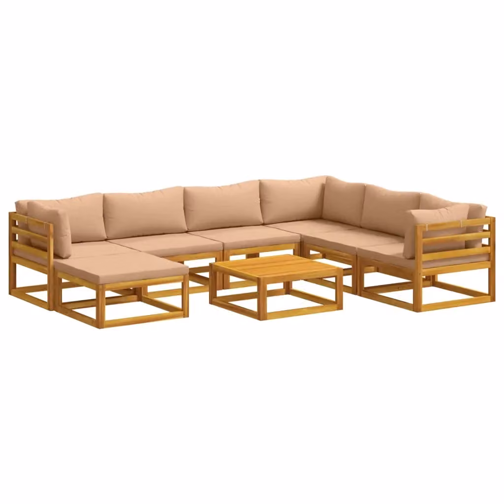 Set di divani da giardino vidaXL in legno di acacia massello con cuscini beige e marrone, composizione a L con elemento angolare, pouf e tavolino da esterno, resistente alle intemperie – 2