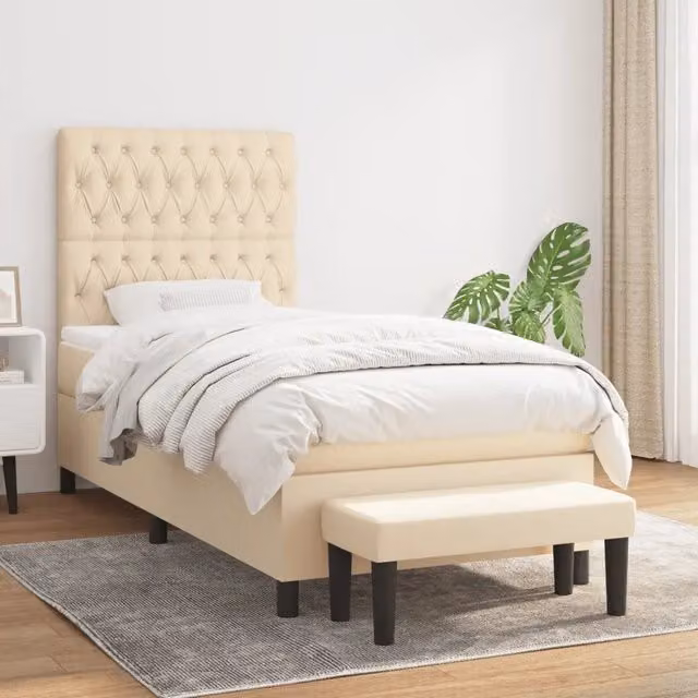 Letto Ibrido con Giroletto a Molle e Materasso vidaXL in Tessuto Beige e Bianco, L/P/H: 90 x 190 x 31 cm