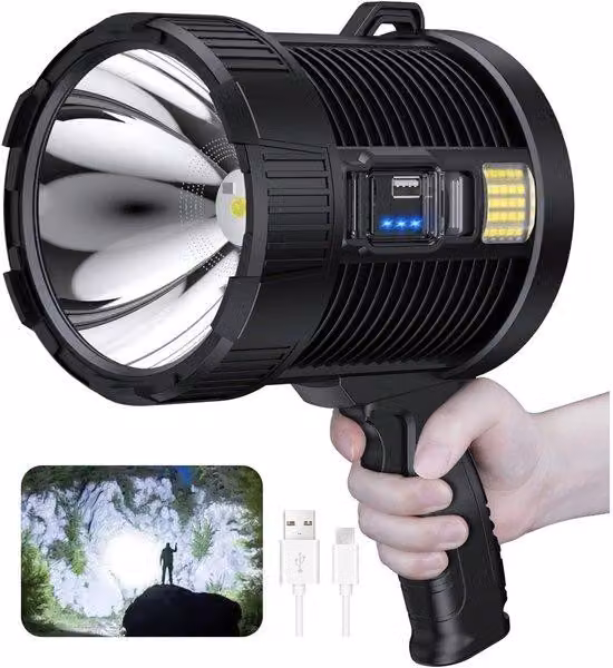 Lampada LED ricaricabile da 100.000 lumen, lampada solare grande e super luminosa, con tecnologia COB, 6 modalità di illuminazione, impermeabile IPX5, nera