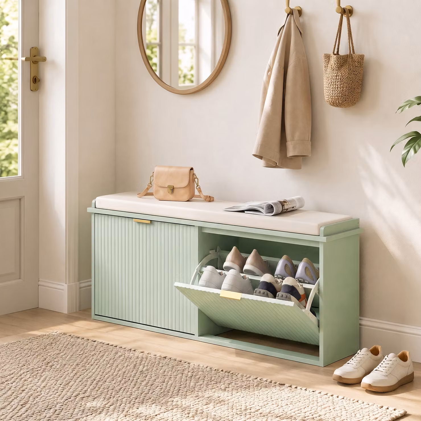 Panca scarpiera HOMCOM con cuscino e cassetto ribaltabile, colore verde, L 104 cm x P 26 cm x H 47,5 cm – 2