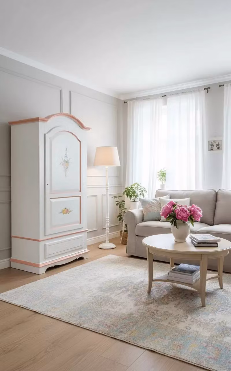 Armadio classico shabby chic Mobili 2G con 1 anta in legno bianco e decori floreali rosa L: 96 cm, P: 56 cm, H: 196 cm – 3