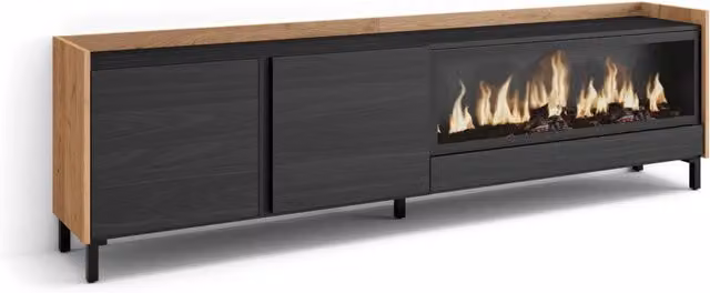 Mobile TV Soggiorno, 212x61x35 cm, Per TV fino a 80", Camino elettrico XXL, Design industriale, Nero e rovere