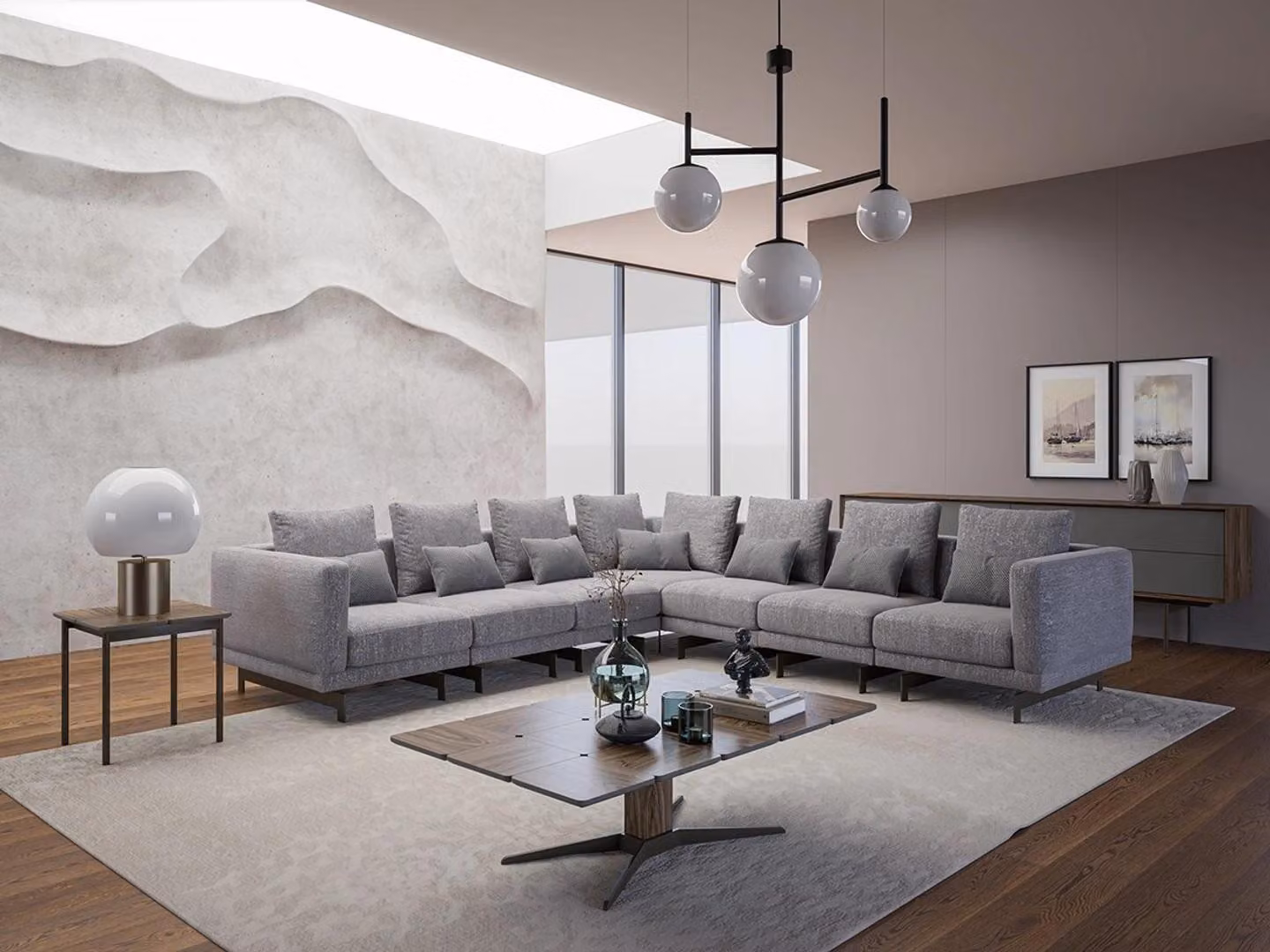 Komplett Möbel Ecksofa L-Form Textil Einrichtung Wohnzimmer Holz Couchtisch