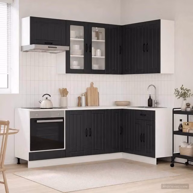 Unità Cucina Moderna vidaXL LUCCA 8 Pezzi Nero Opaco con Ante in Vetro e Cassetti