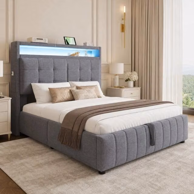 Letto matrimoniale MODFU imbottito in tessuto grigio con contenitore a sollevamento, illuminazione LED sottostante, porta USB e mensola integrata, L/P: 140 x 200 cm – 1