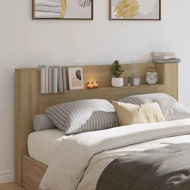 Testiera decorativa vidaXL in legno multistrato color marrone con illuminazione integrata e mensola, L 180 x P 16,5 x H 103,5 cm