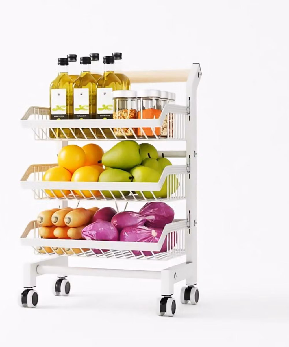 Carrello portaoggetti per la cucina - Carrello pieghevole con 3 ripiani - Scaffale in filo metallico - Ruote girevoli a 360° - Scaffale stretto per frutta e verdura - Bianco
