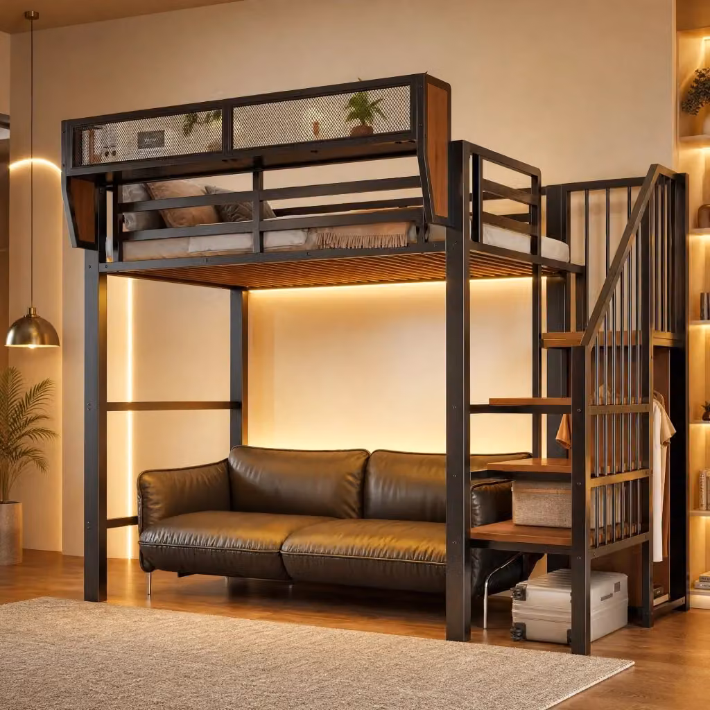 Letto a soppalco singolo MIVRAY in metallo e MDF nero con scala di sicurezza, illuminazione LED multicolore e ripiano rimovibile, L/P/H: 200 x 90 x 191 cm – 2