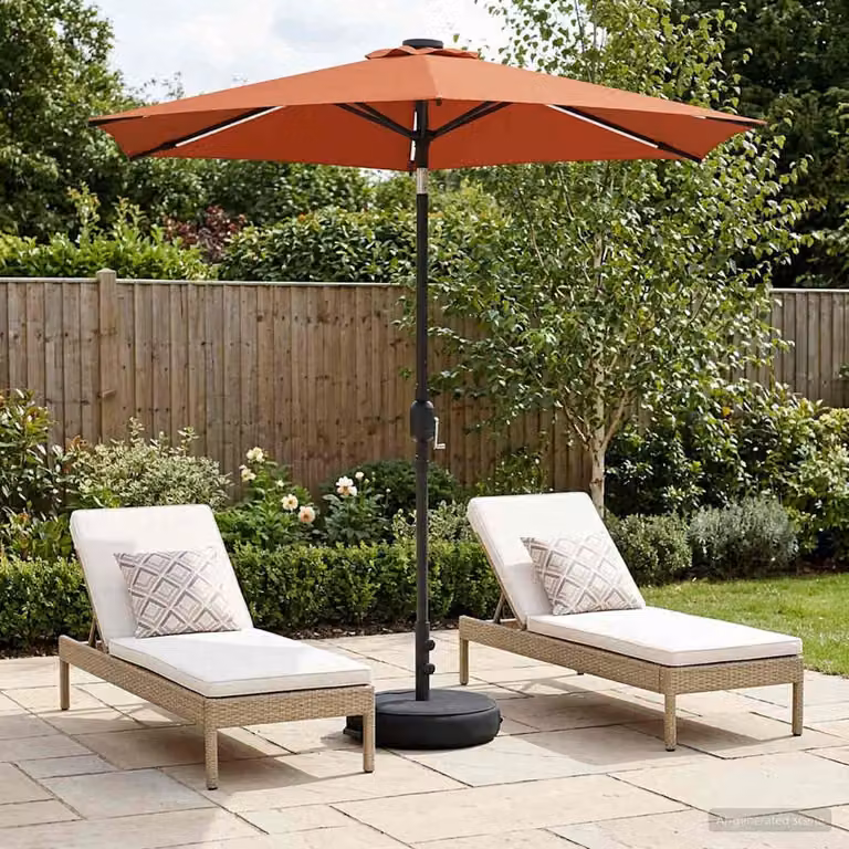 Parasol da giardino con luci LED e base vidaXL in poliestere, colore terracotta/arancione, L: 226 cm x P: 226 cm
