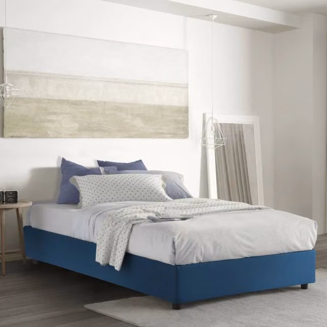 Letto matrimoniale contenitore Apelt con materasso incluso, rivestimento in tessuto blu, L/P/H: 160 x 200 x 175 cm