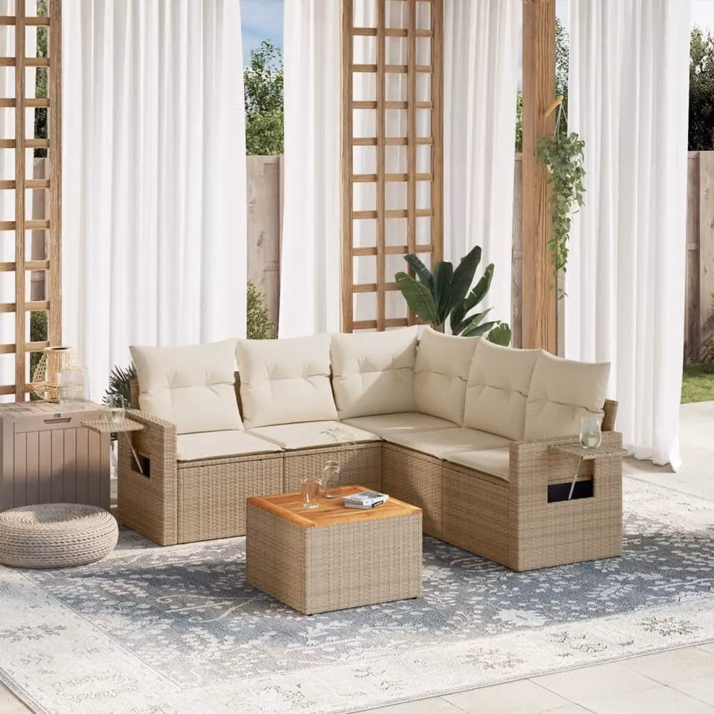 vidaXL Set Divano da Giardino a L in Polyrattan Beige con Cuscini e Tavolino da Esterno – 1