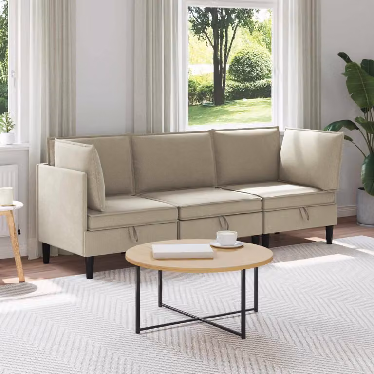 Set di mobili per il soggiorno vidaXL composto da 3 pezzi in tessuto color sabbia e marrone con divano angolare a L e design moderno