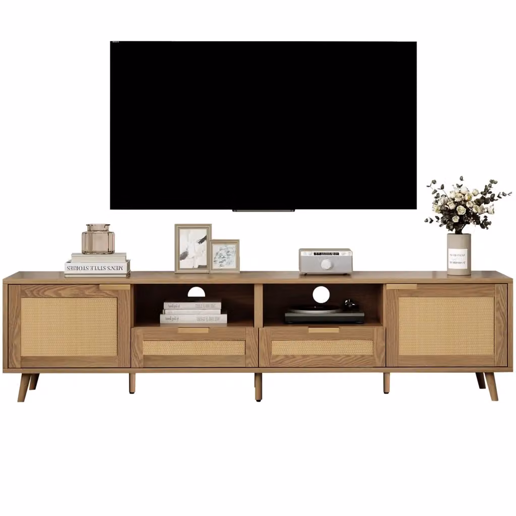 Cassettiera TV KOMHTOM in stile Mid-Century con dettagli in rattan e legno, colore marrone, L: 200 cm, P: 40,2 cm, H: 49 cm – 2