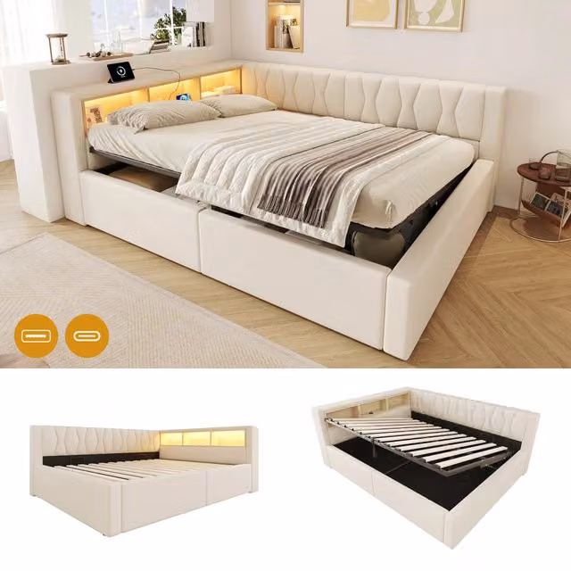 Letto contenitore 140x200 cm con illuminazione LED dimmerabile; struttura in lino e MDF; beige