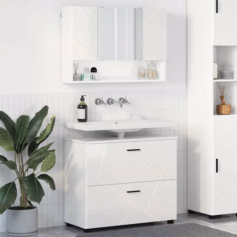 Set di mobili per il bagno vidaXL composto da mobile lavabo e armadietto con specchio, Bianco Lucido, L: 76,5 cm, P: 35 cm, H: 64 cm