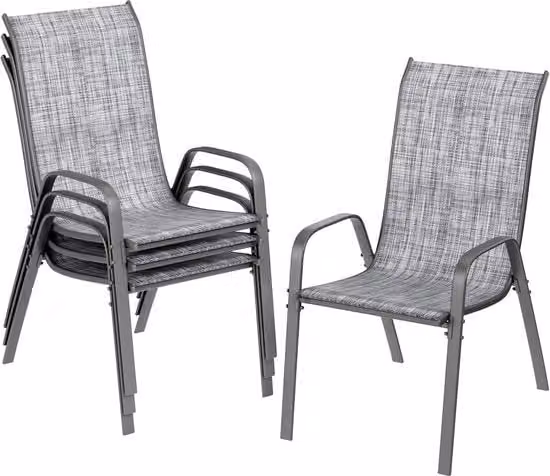 Set di 4 sedie per giardino - Metalliche - Stoccabili - Resistenti alle intemperie - Piume di tessuto ad alta efficienza - Adatte per terrazza - e balcone - Comode e rilassanti - Capacità di carico 150 kg - Grigio