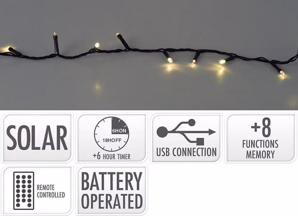 Luci solari a LED 480 USB ricaricabile bianco caldo timer telecomando
