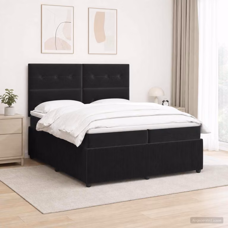 Letto Box Spring vidaXL in Velluto Nero con Materasso Ibrido e Illuminazione LED USB L/P: 200 x 200 cm