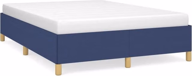 Letto matrimoniale moderno in tessuto blu con struttura imbottita e doghe in legno L/P/H: 140 x 190 x 35 cm – 1