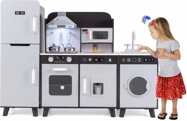 Cucina Giocattolo Costway con Frigorifero, Lavatrice e Forno con Luci e Suoni, Marrone – 1