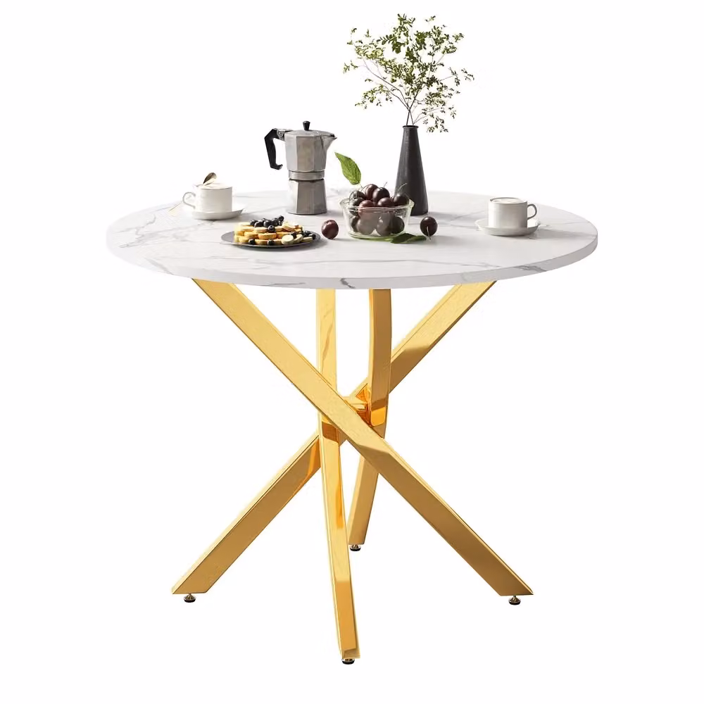 Tavolo da pranzo rotondo Minimal effetto marmo bianco e oro L: 80 cm, P: 80 cm, H: 75 cm – 2