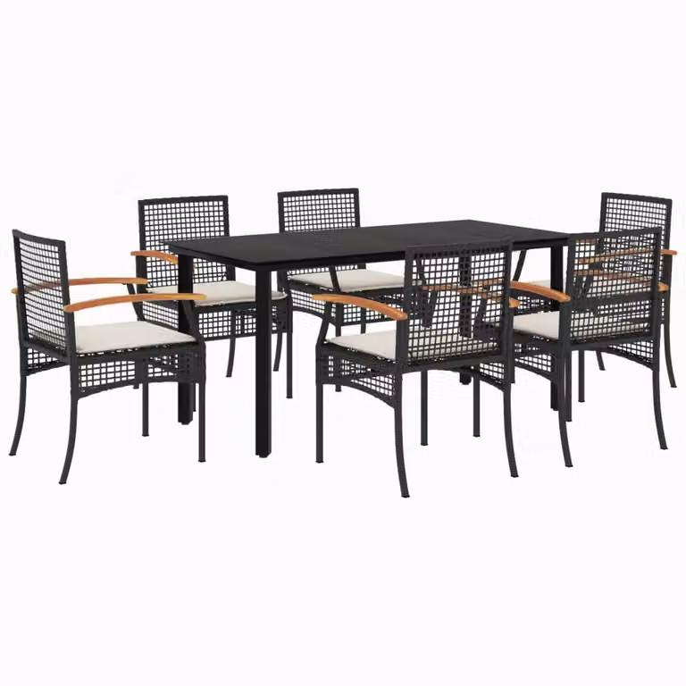 Set da Pranzo da Giardino 7 pz Nero con Cuscini in Polyrattan