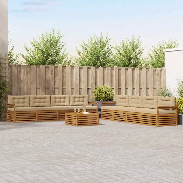 Set di divani da esterno vidaXL a forma di U in legno di acacia con tavolino da giardino, 9 pezzi, Beige e Marrone