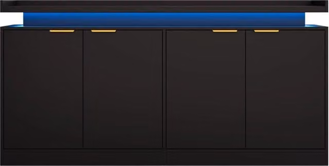 Credenza da cucina MIVRAY moderna in MDF nero con 4 ante, ripiani fissi e illuminazione LED RGB controllabile tramite app, L: 160 cm, P: 39 cm, H: 83 cm – 1