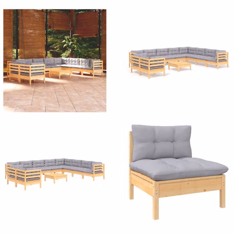 vidaXL set salotto da giardino 11 pezzi con cuscini grigi in pino massiccio - Set salotto da giardino - Set salotto da giardino - Set mobili da giardino - Set mobili da giardino