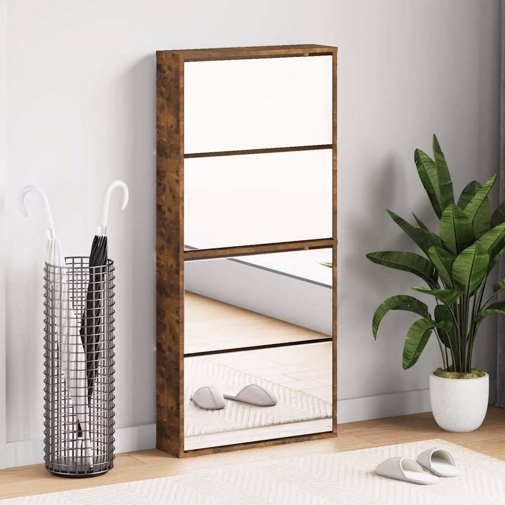 Scarpiera moderna vidaXL con specchio e illuminazione LED in legno Rovere, colore marrone, L: 63 cm, P: 17 cm, H: 134 cm – 1