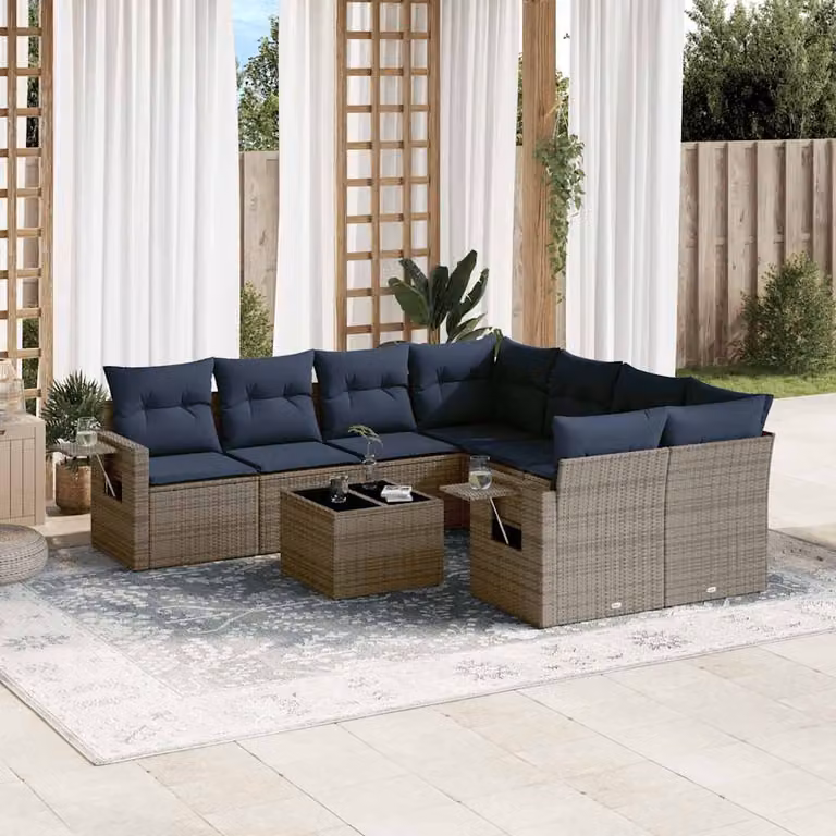 Set Divani da Giardino vidaXL 9 pz a Forma a L con Tavolino da Caffè e Cuscini, Polyrattan e Metallo, Grigio e Blu