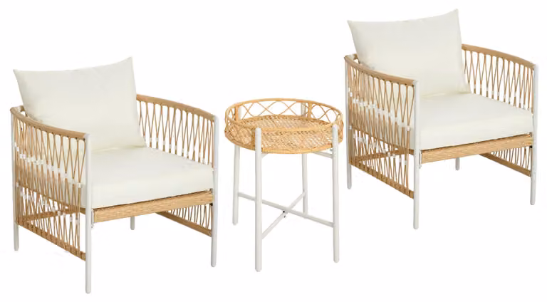 Set di mobili da giardino in rattan, composto da 2 sedie da giardino e un tavolino, colore giallo