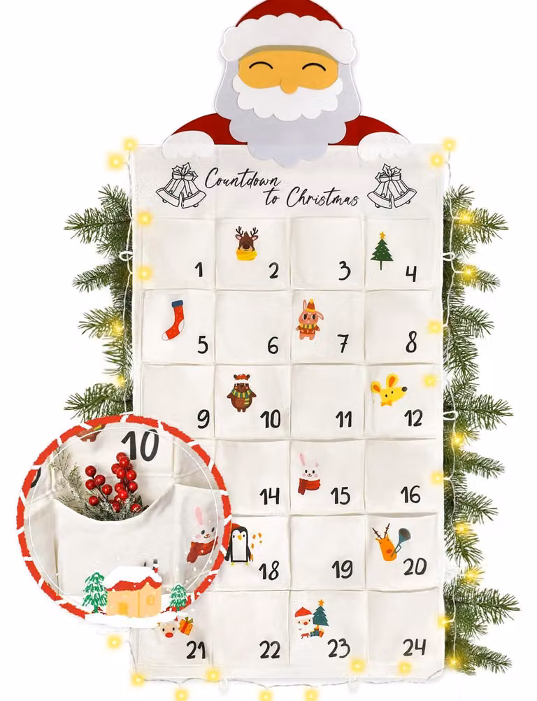 Calendario dell'Avvento da riempire, con 24 tasche, dotato di catena luminosa, dimensioni 70x130 cm