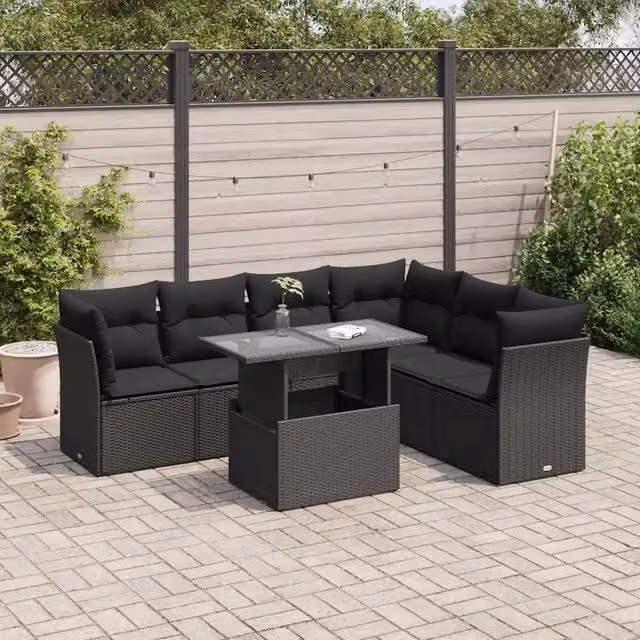 Set Divani da Giardino con Cuscini 7pz Nero Polyrattan 3326166