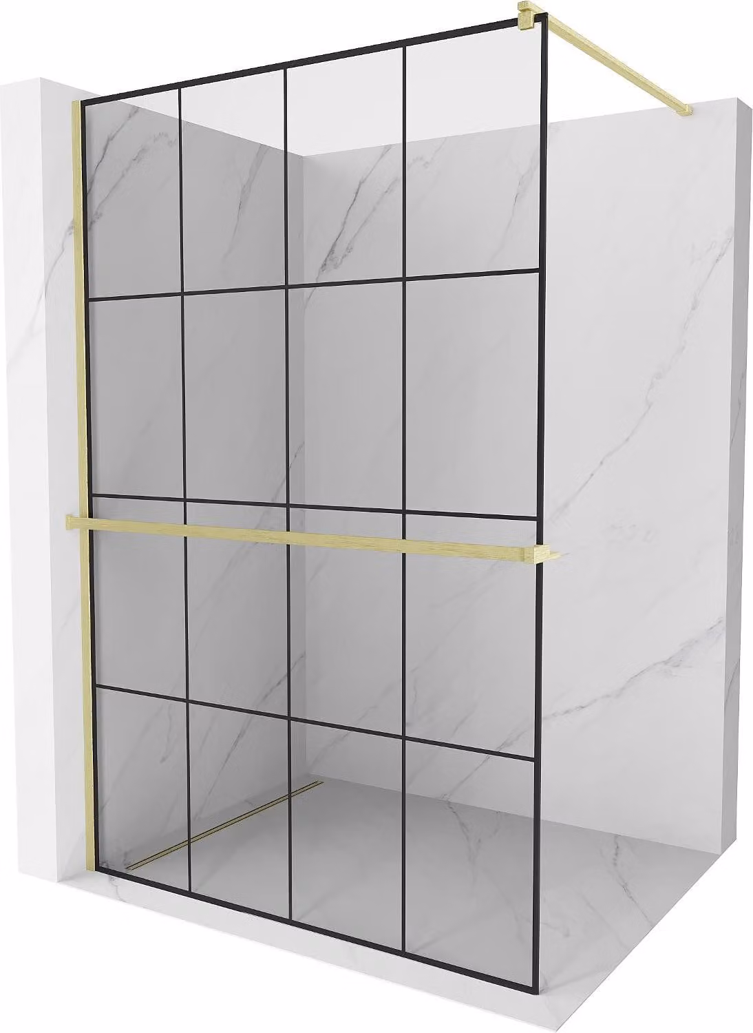 Mexen Kioto+ parete doccia con mensola Walk-in 140 x 200 cm, griglia nera, oro spazzolato - 800-140-121-55-77
